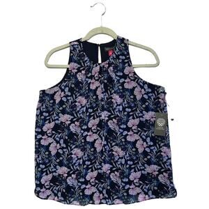 Vince Camuto Charming Floral Chiffon Blouse NWT Women's Sz S Navy Pleats Boho